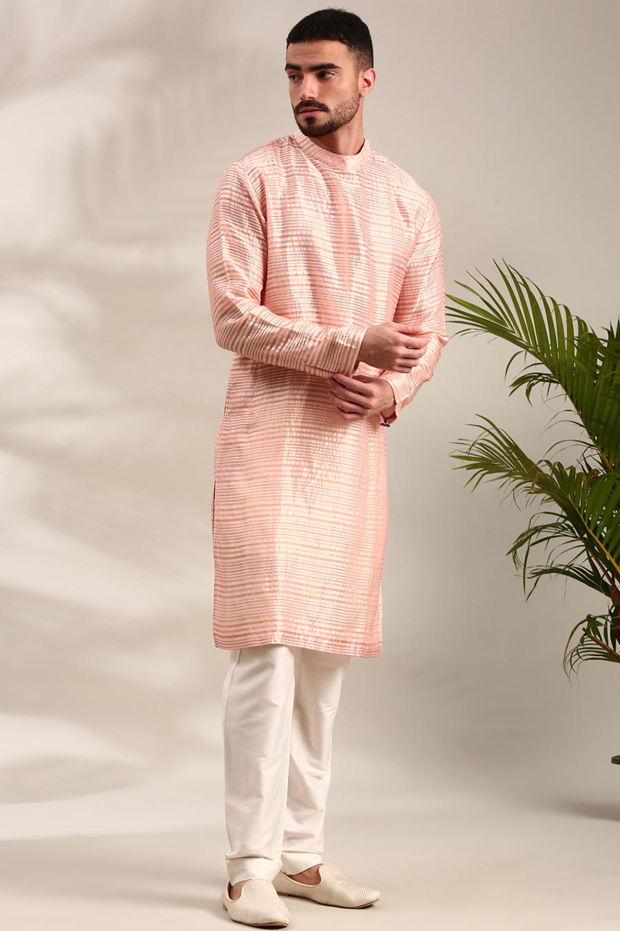 Peach Chanderi Striped Kurta Set