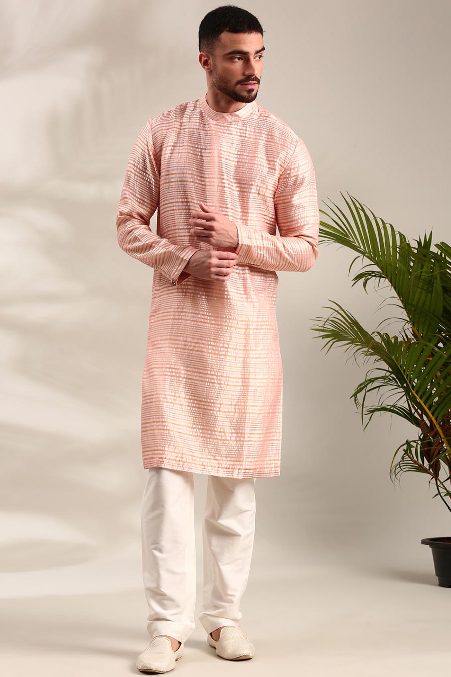 Peach Chanderi Striped Kurta Set