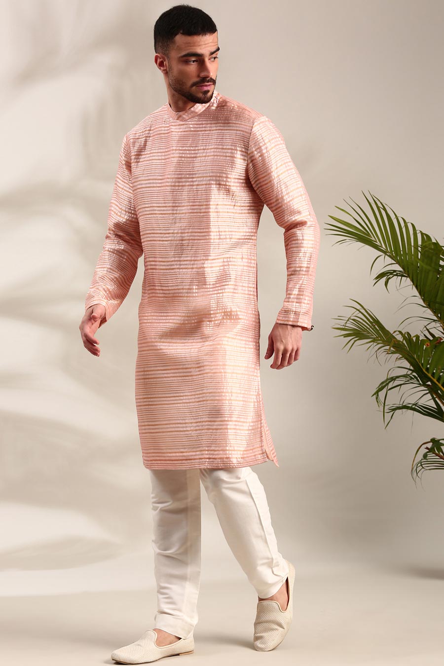 Peach Chanderi Striped Kurta Set