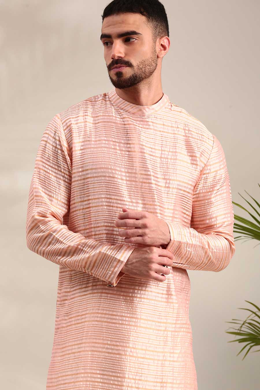 Peach Chanderi Striped Kurta Set