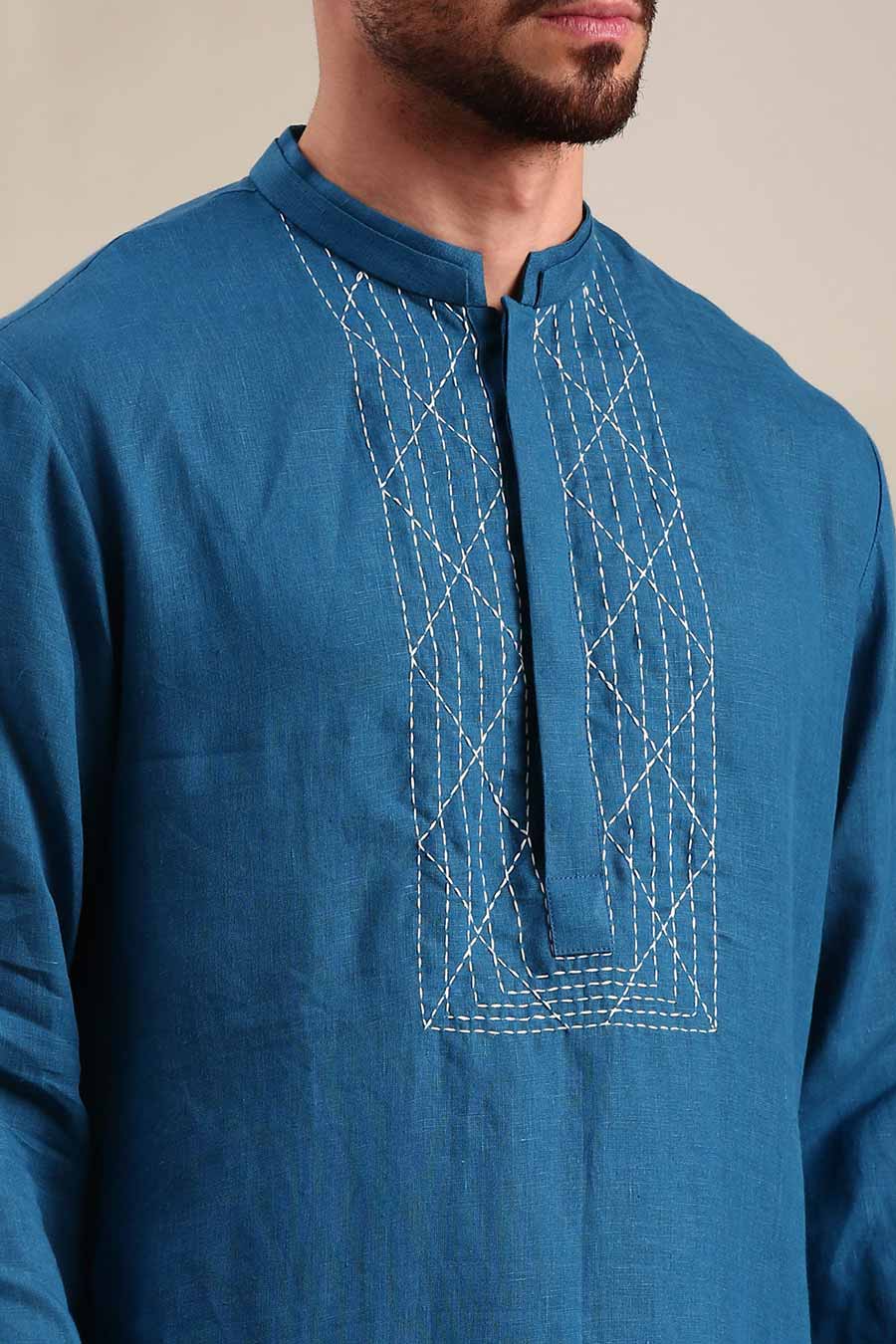 Blue Linen Kurta Set