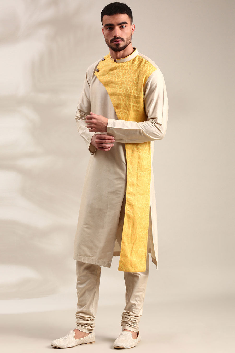 Beige & Yellow Linen Panelled Kurta Set