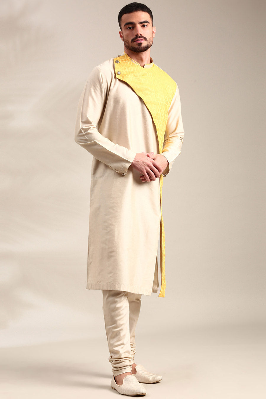 Beige & Yellow Linen Panelled Kurta Set