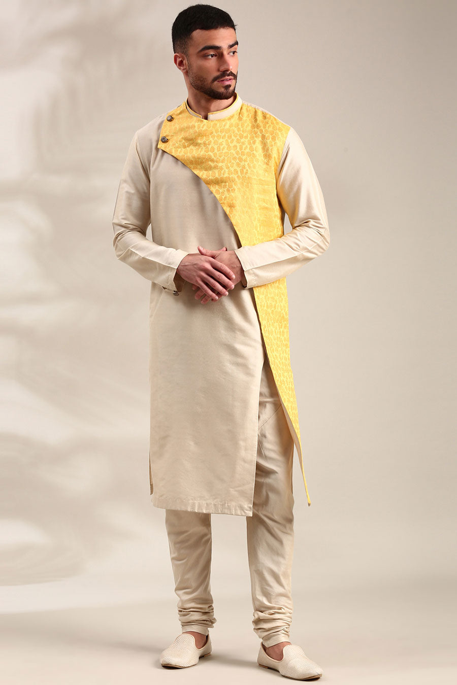 Beige & Yellow Linen Panelled Kurta Set