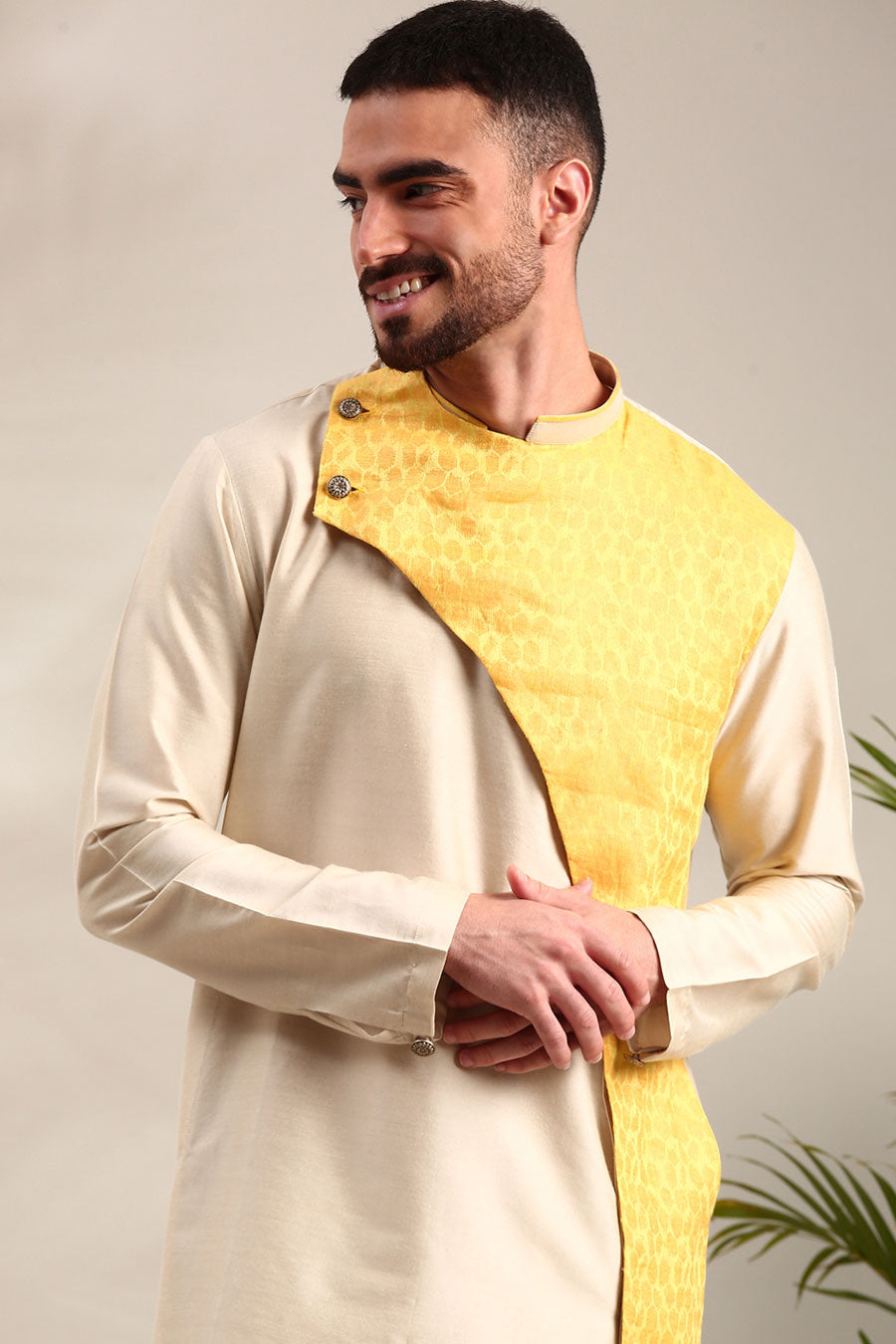 Beige & Yellow Linen Panelled Kurta Set