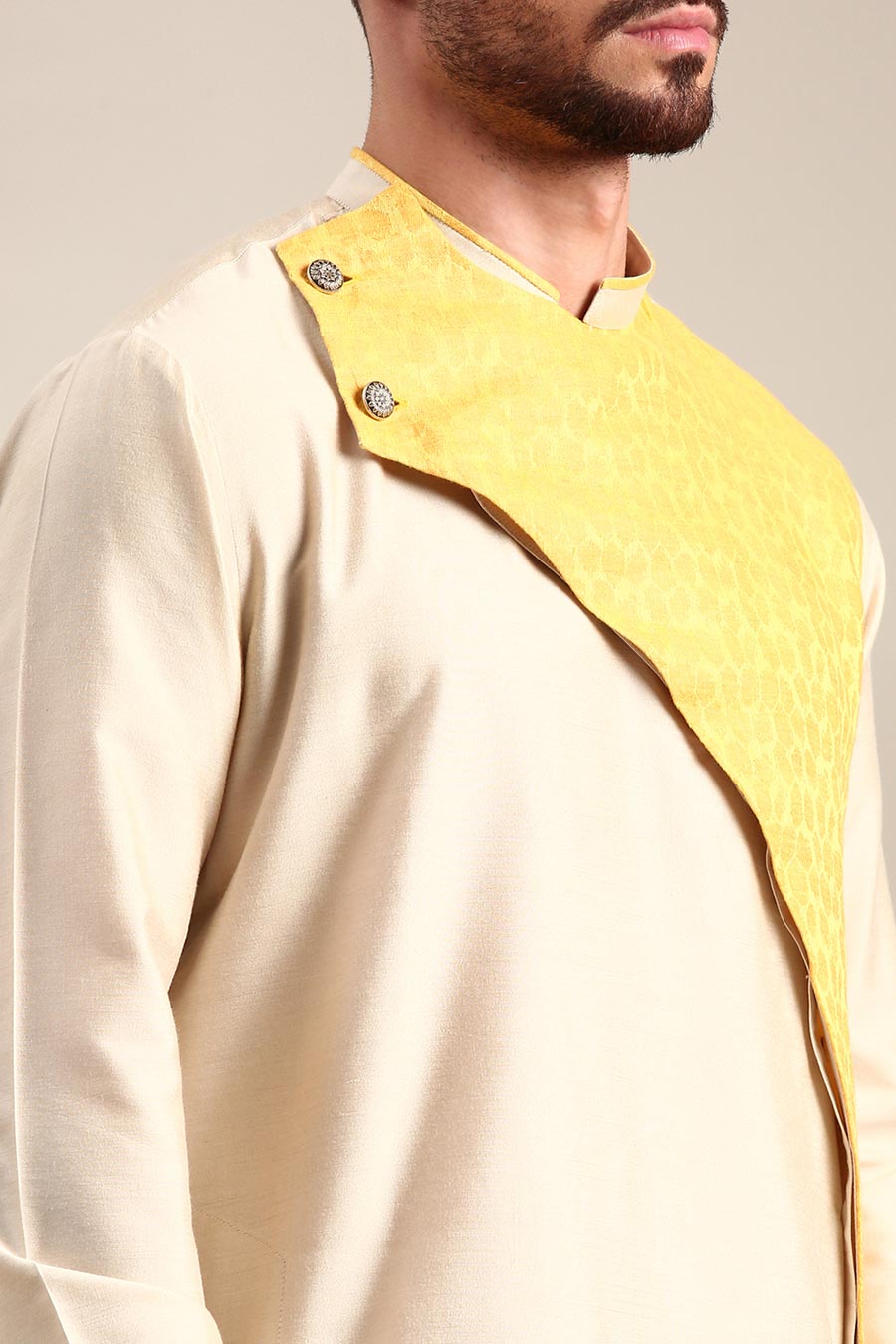 Beige & Yellow Linen Panelled Kurta Set