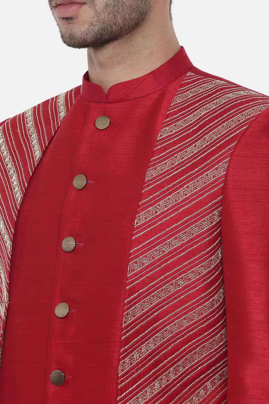 Red Double-Layer Embroireded Sherwani Set