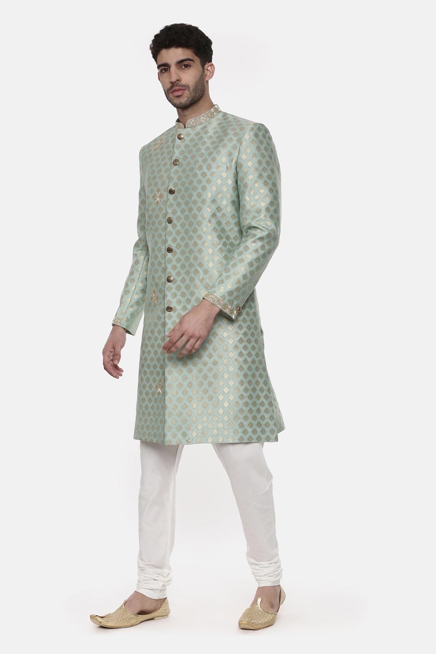 Green Jacquard Embroidered Sherwani Set