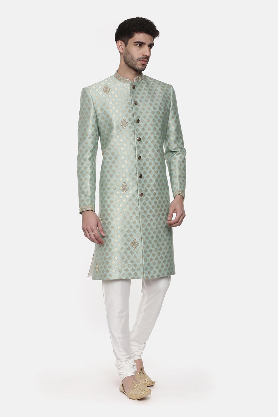 Green Jacquard Embroidered Sherwani Set