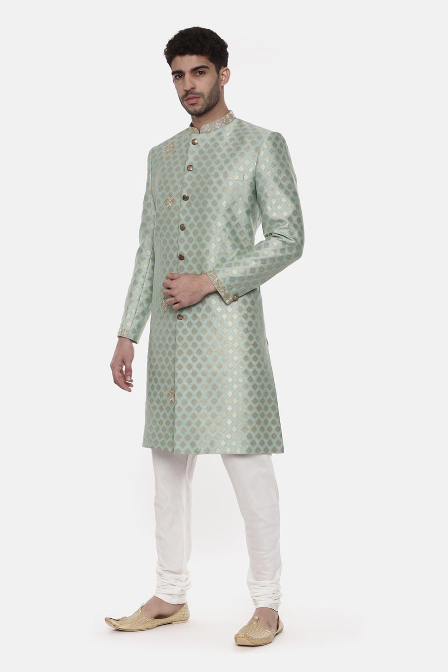 Green Jacquard Embroidered Sherwani Set