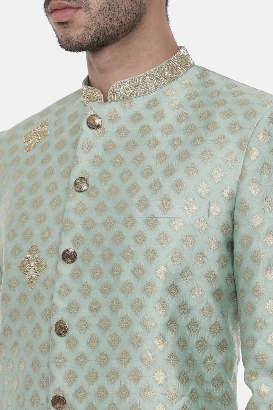 Green Jacquard Embroidered Sherwani Set