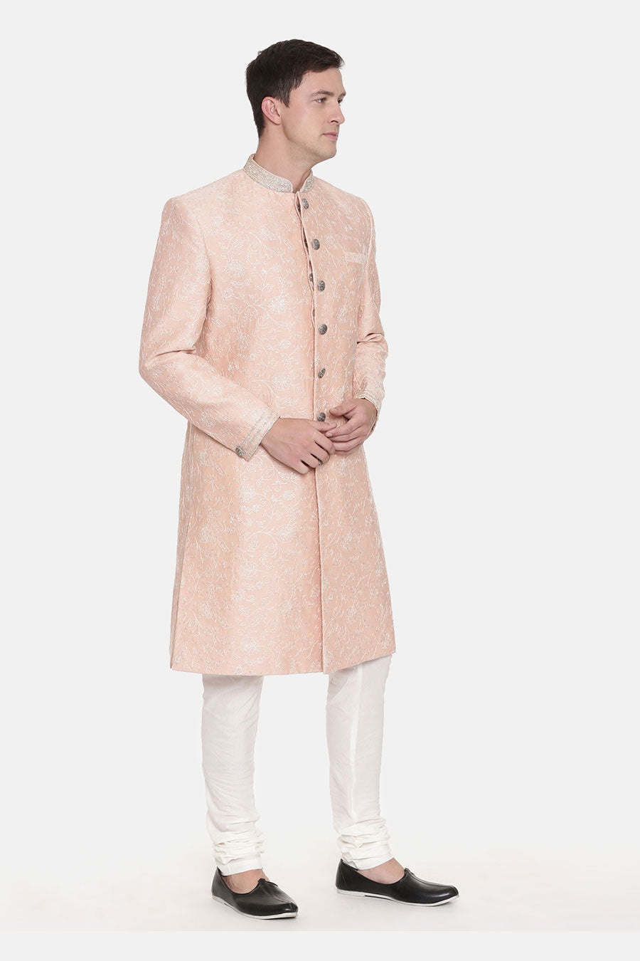 Pink Chanderi Embroidered Sherwani Set