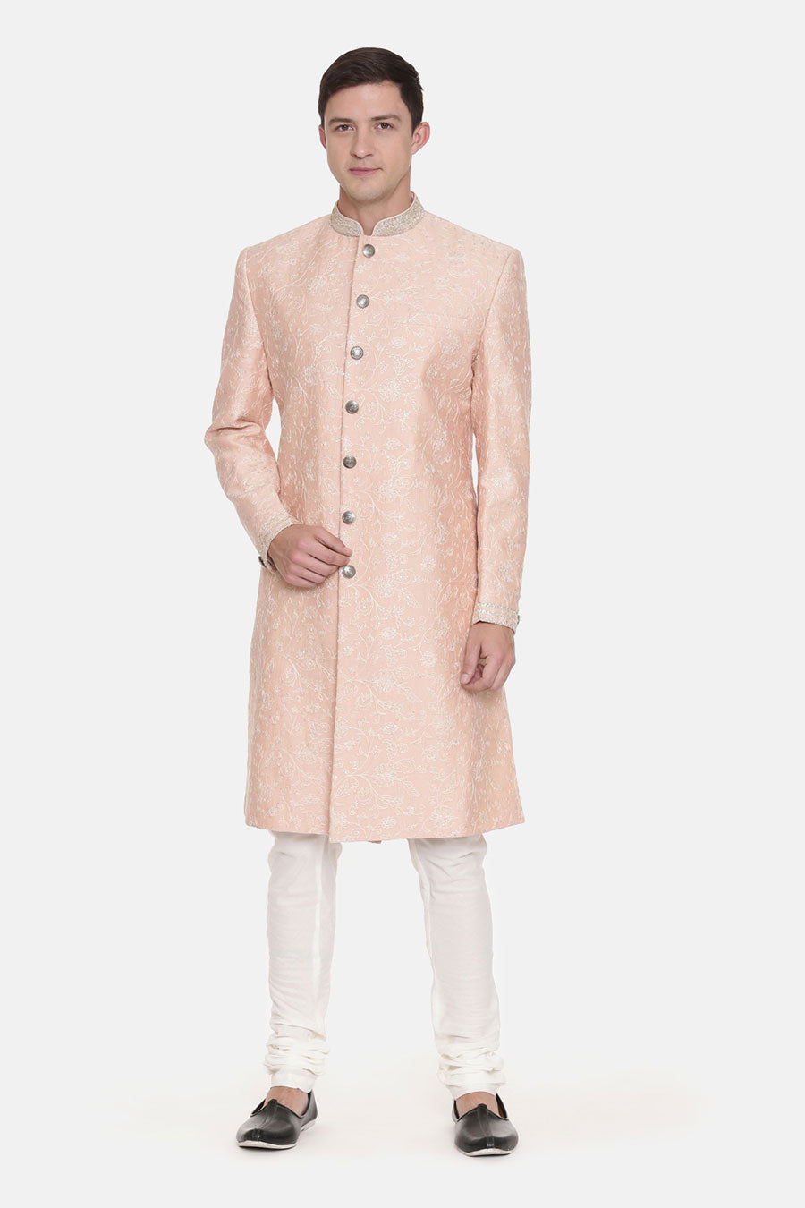 Pink Chanderi Embroidered Sherwani Set