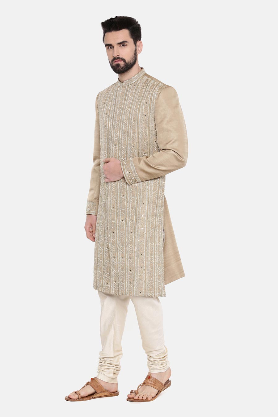 Beige Hand-Embroidered Sherwani Set