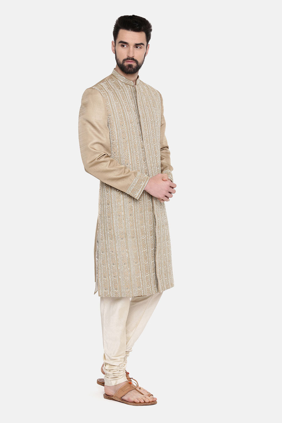 Beige Hand-Embroidered Sherwani Set