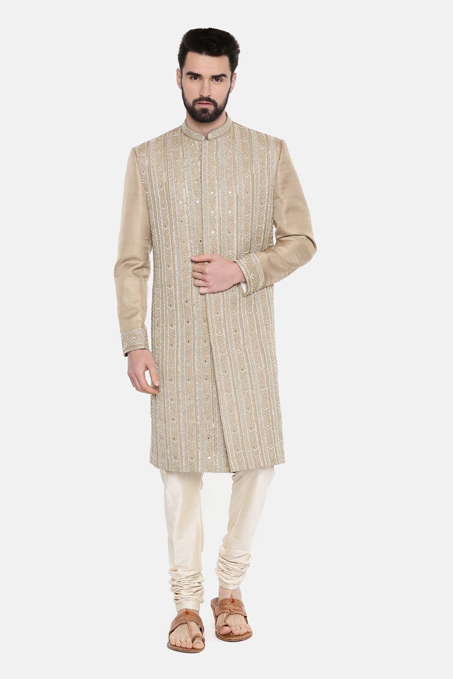 Beige Hand-Embroidered Sherwani Set