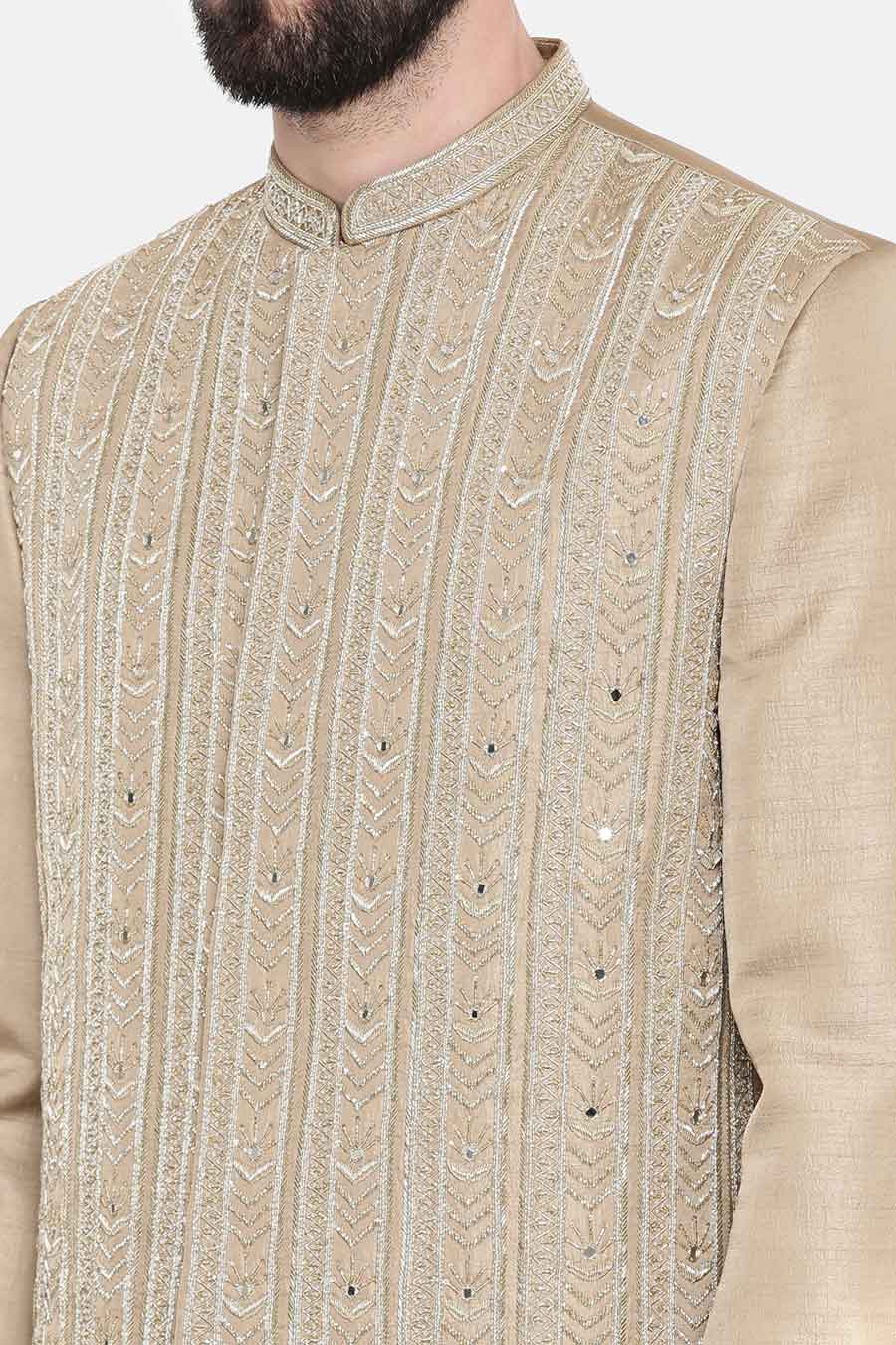 Beige Hand-Embroidered Sherwani Set