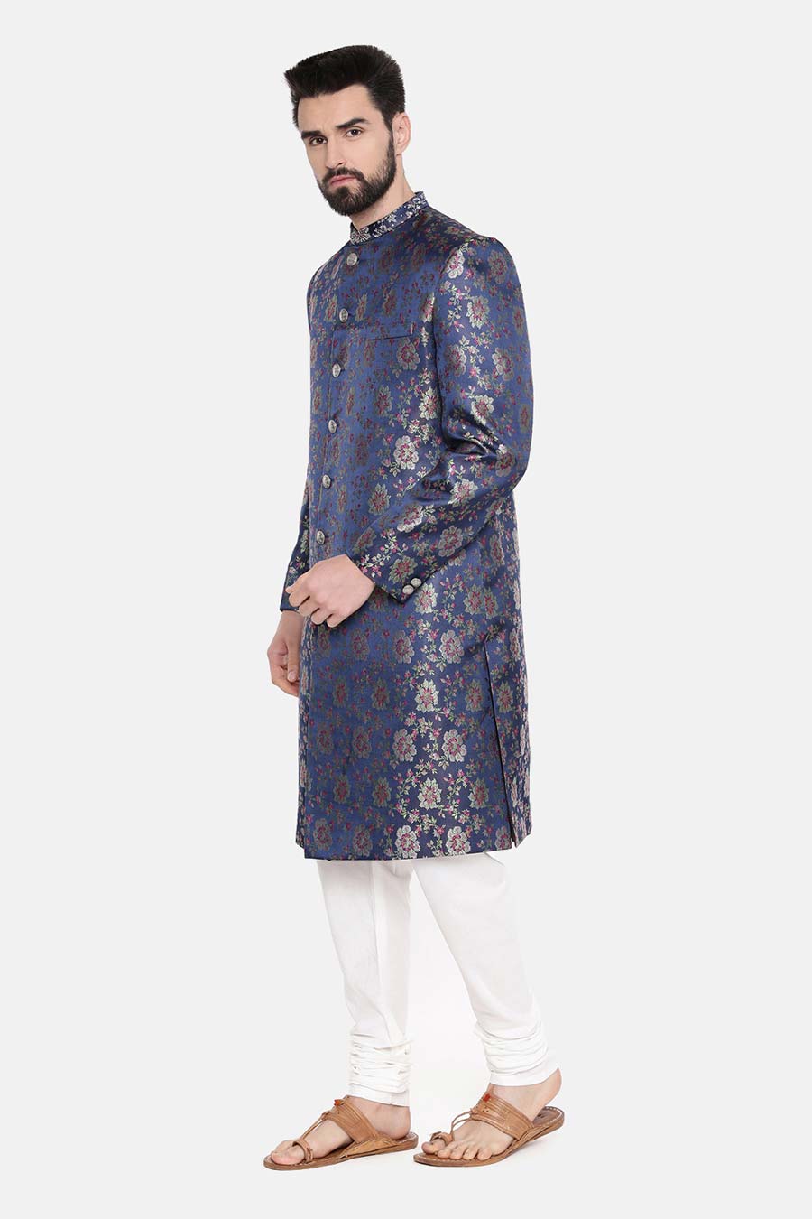 Blue Banaras Brocade Sherwani Set