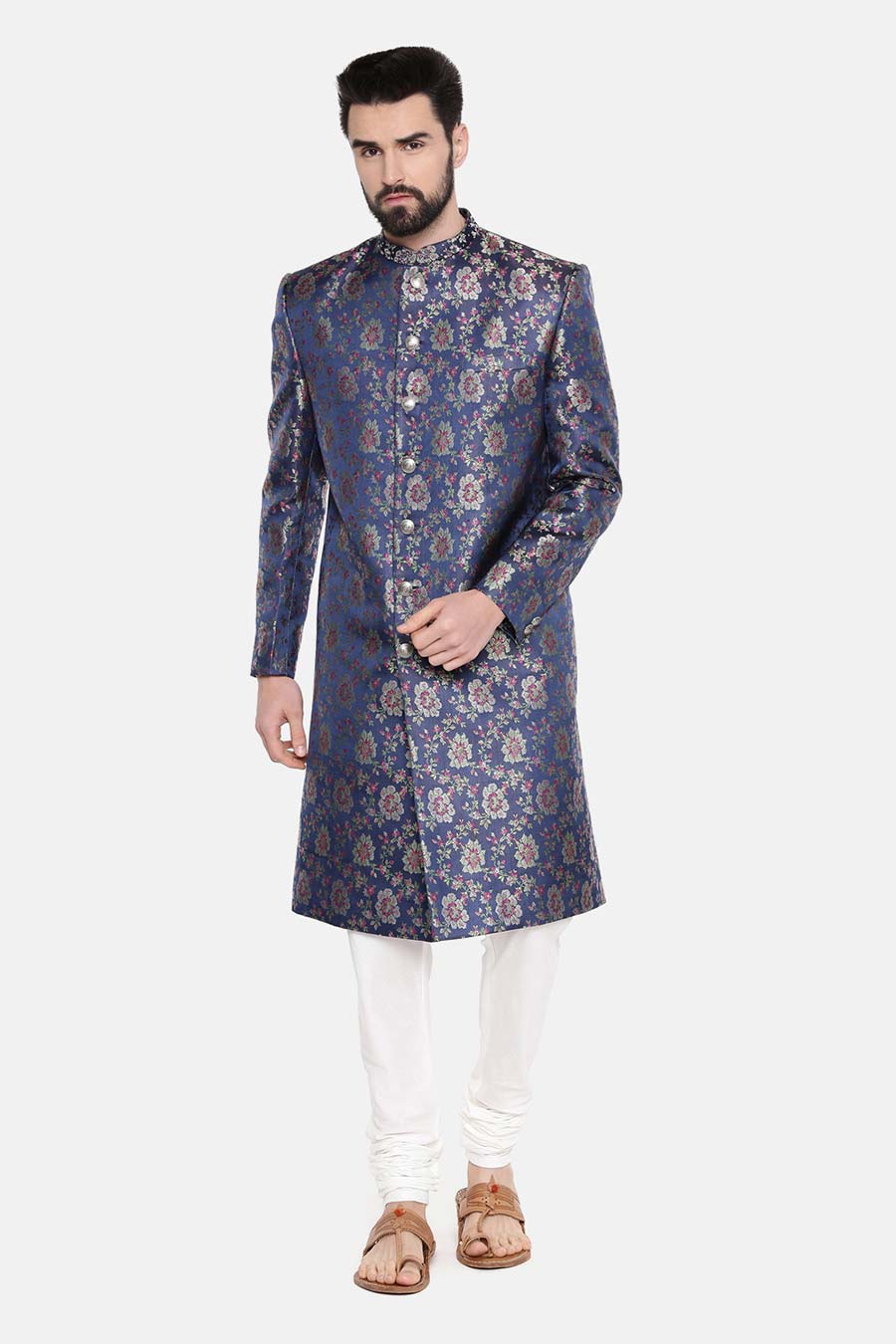 Blue Banaras Brocade Sherwani Set