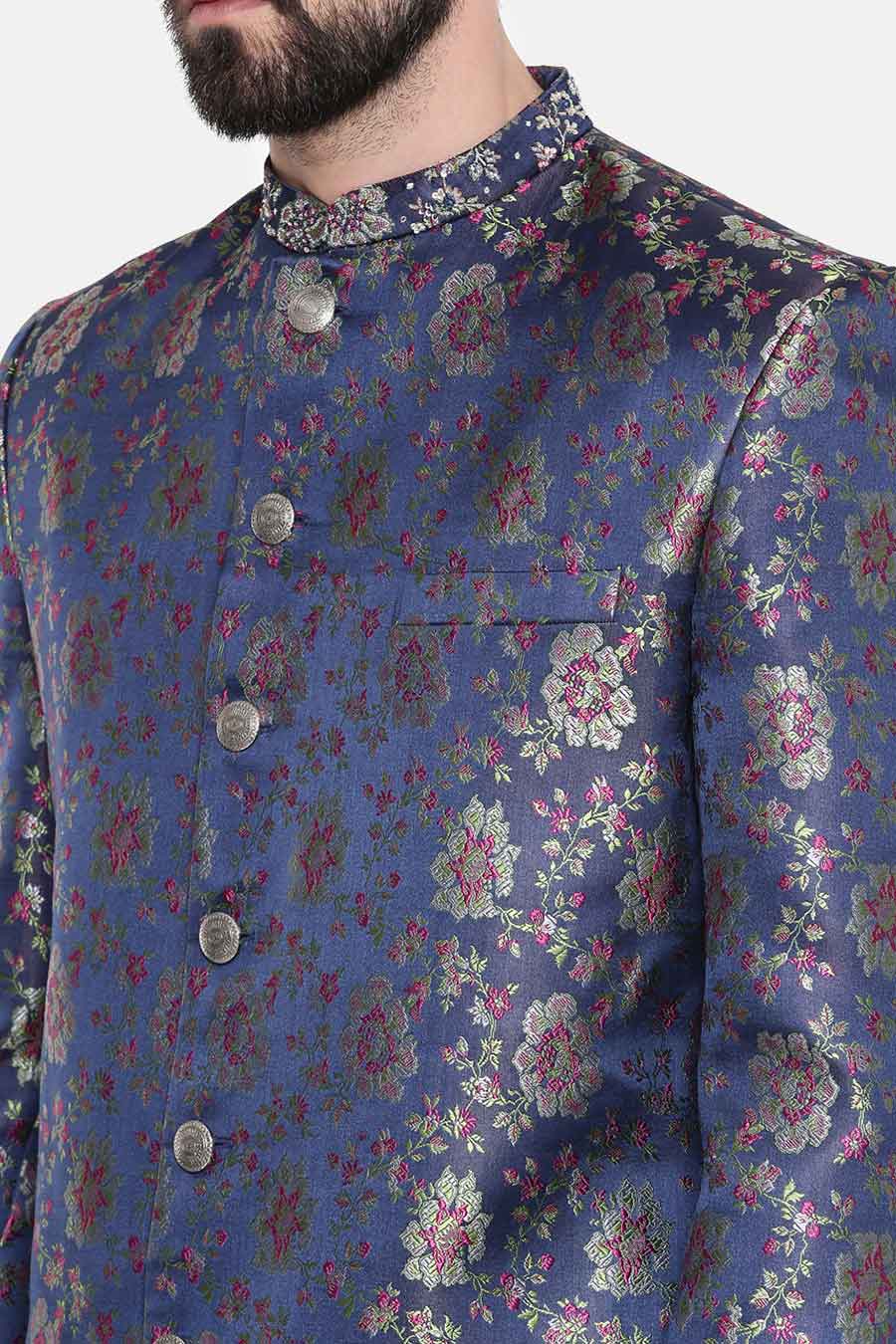 Blue Banaras Brocade Sherwani Set