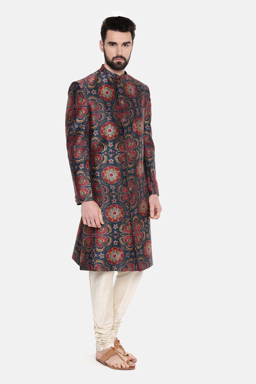 Teal Green Printed Sherwani Set