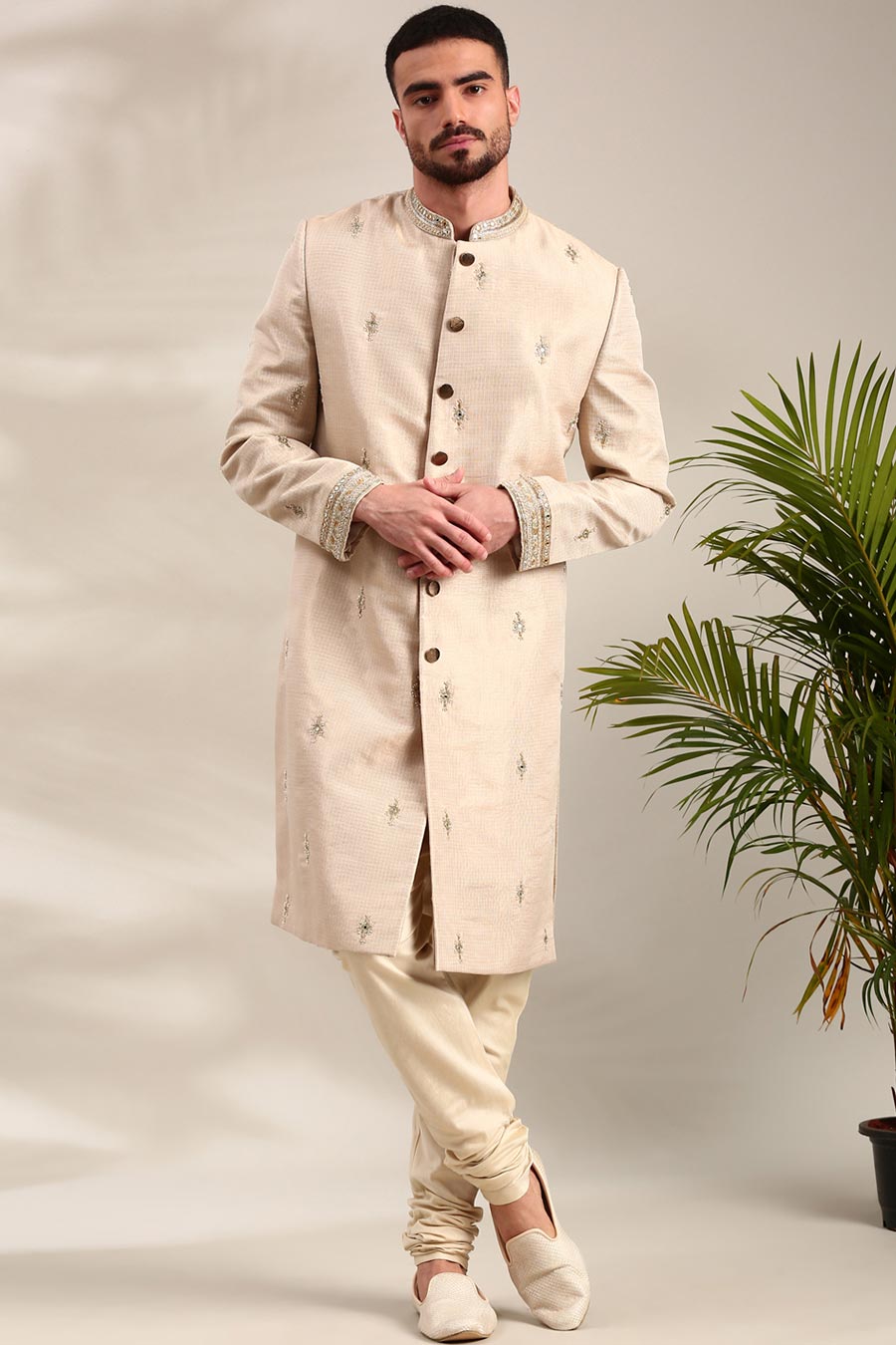 Gold Chanderi Embroidered Sherwani Set