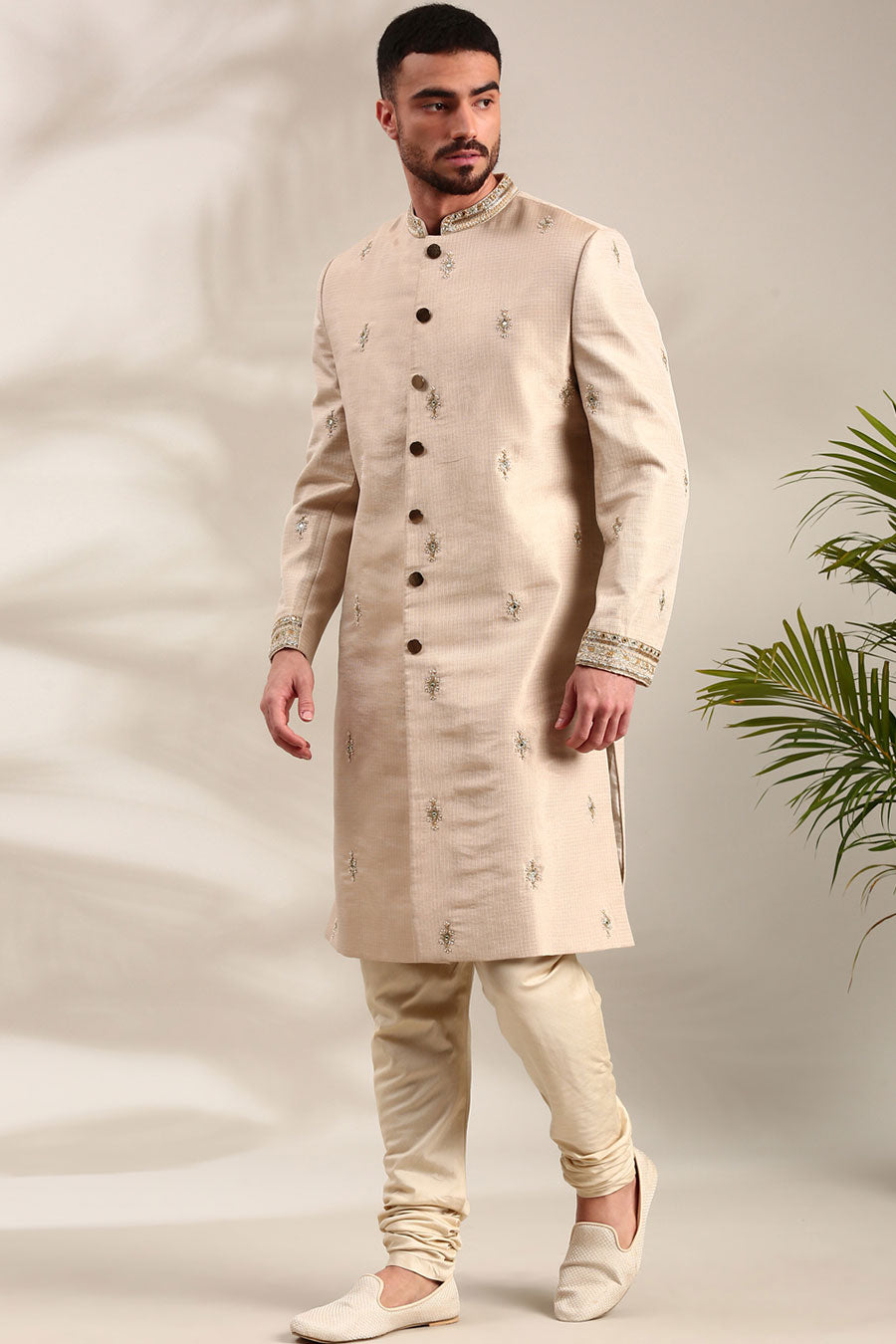 Gold Chanderi Embroidered Sherwani Set