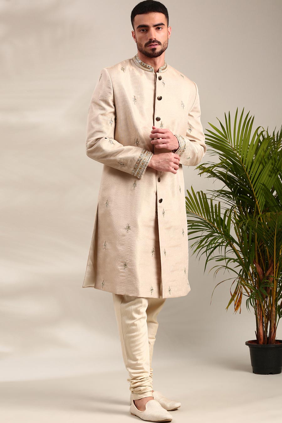 Gold Chanderi Embroidered Sherwani Set