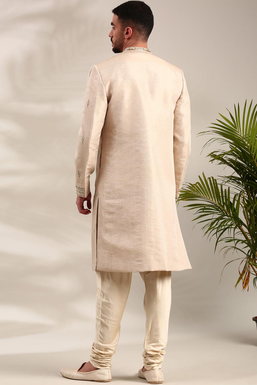 Gold Chanderi Embroidered Sherwani Set