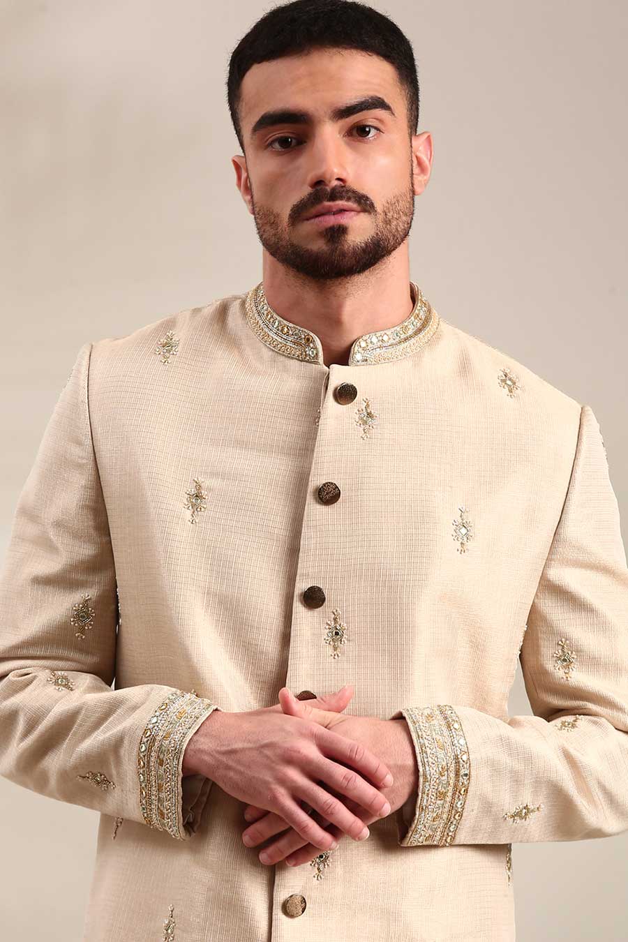 Gold Chanderi Embroidered Sherwani Set