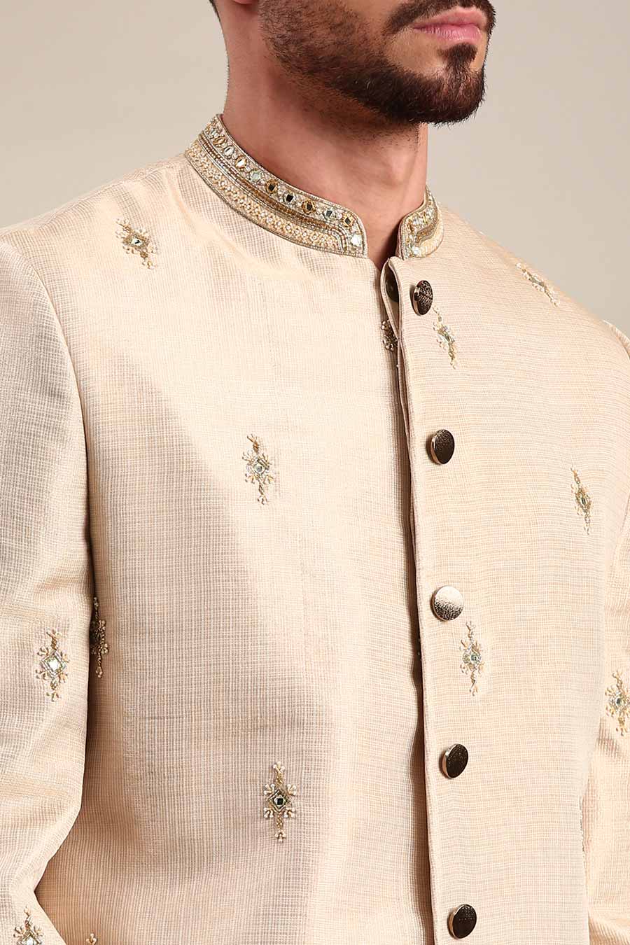 Gold Chanderi Embroidered Sherwani Set