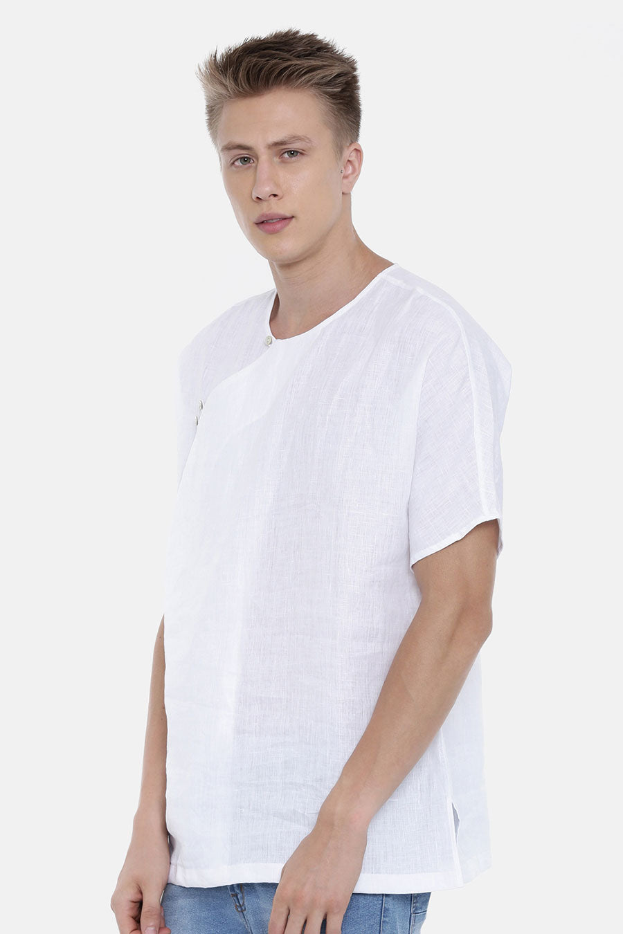 White Linen Overlap Short Kurta