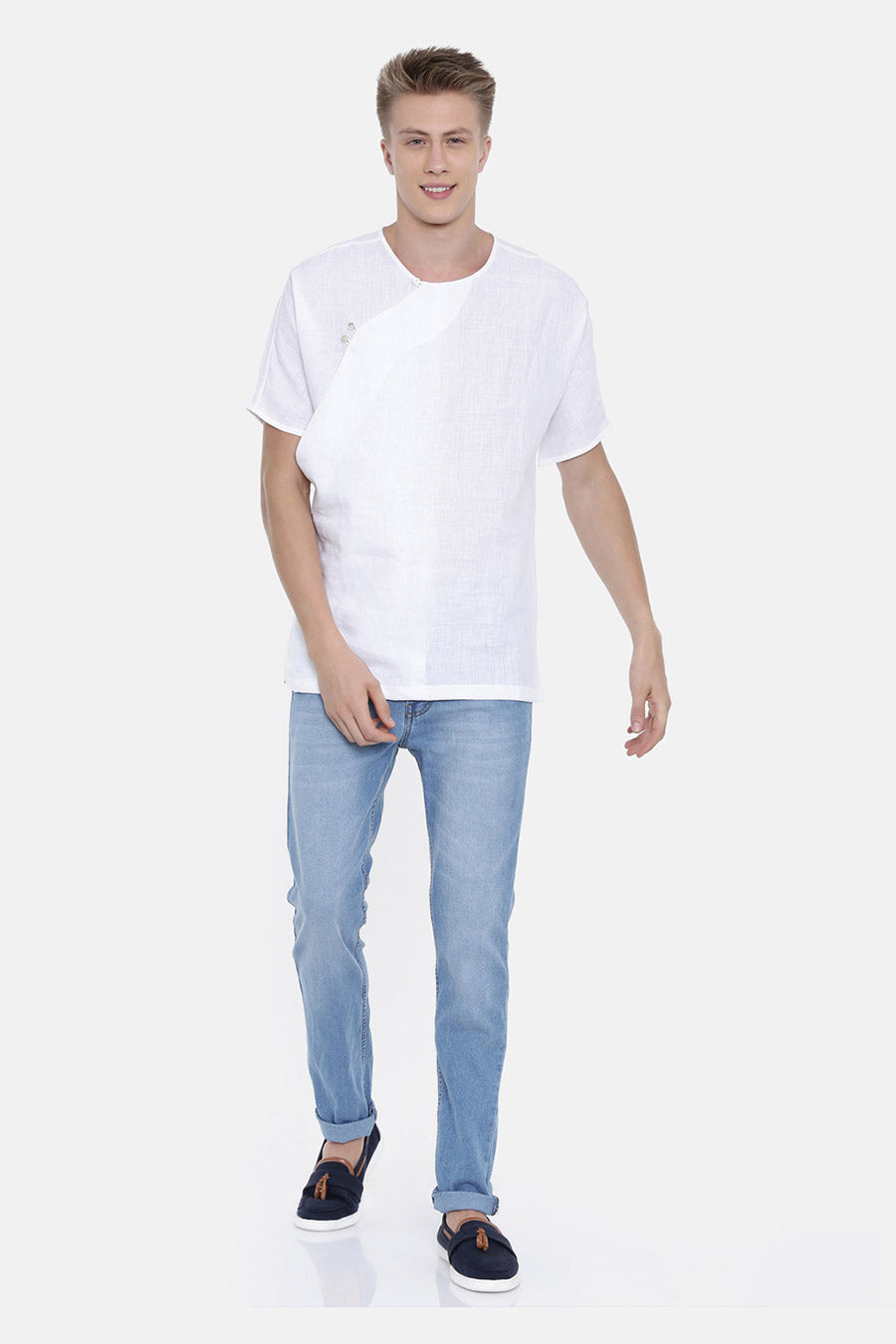 White Linen Overlap Short Kurta