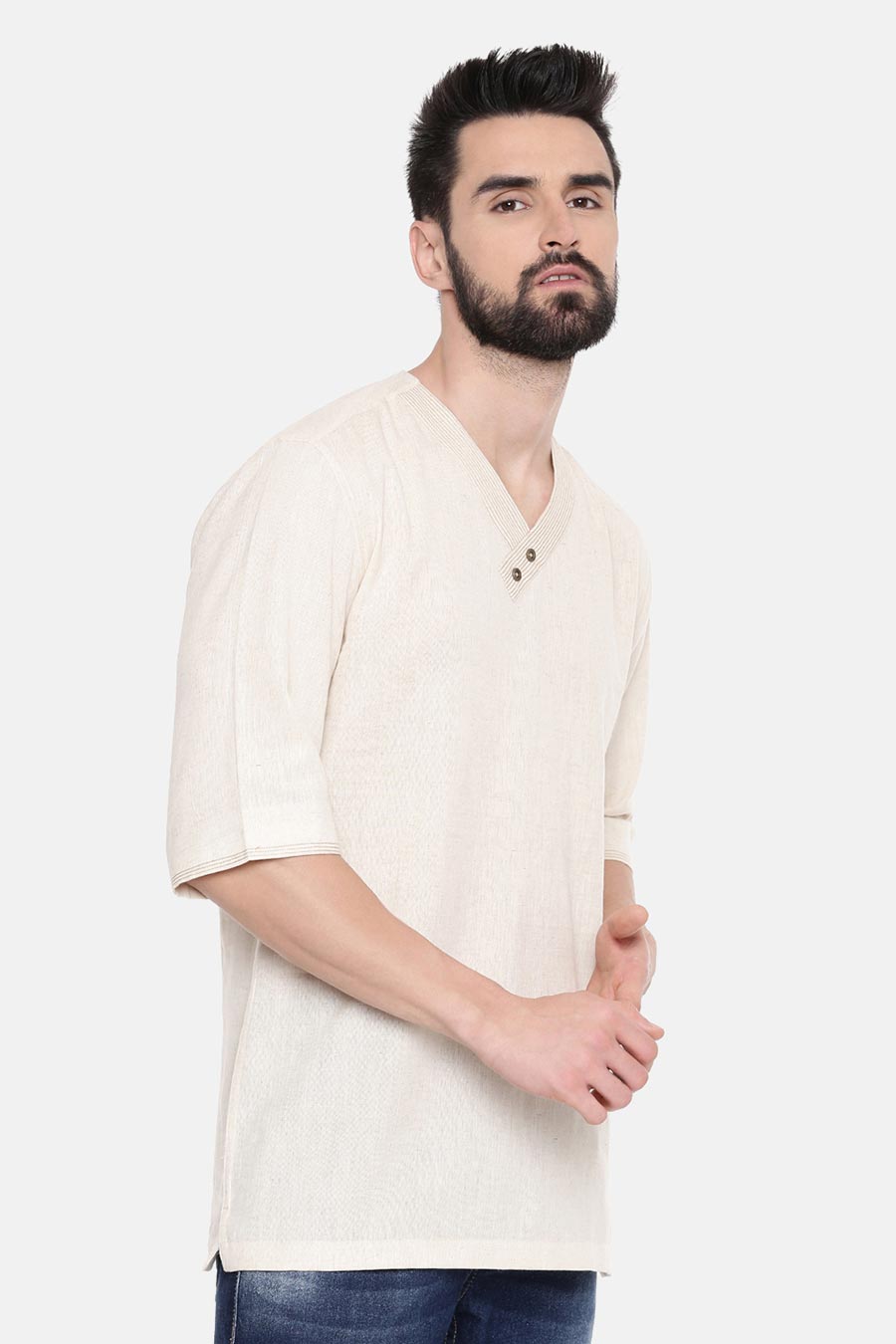 Beige Stitch Detailed Short Kurta