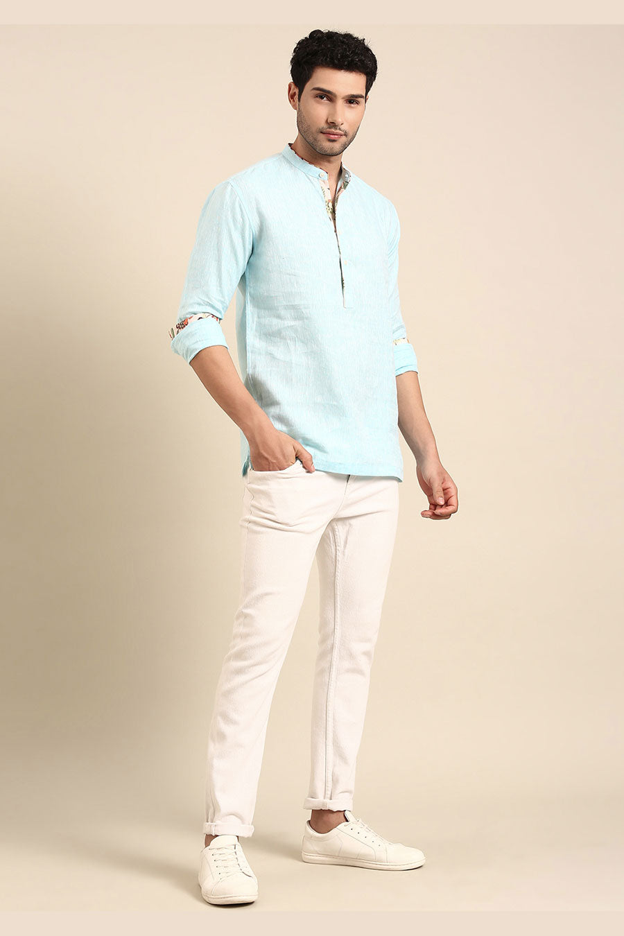 Sky Blue Linen Short Kurta