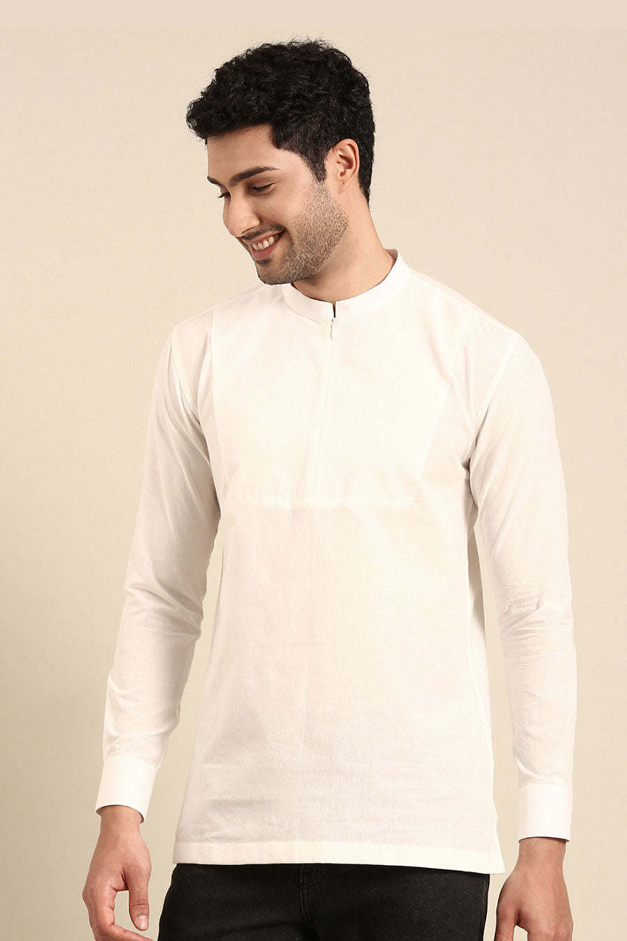 White Cotton Zipper Short Kurta