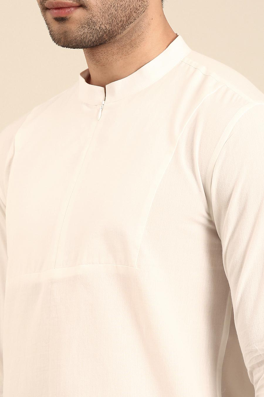 White Cotton Zipper Short Kurta