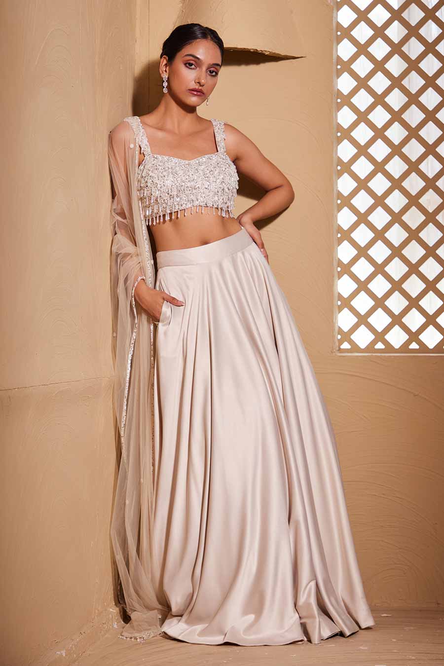 Steel White Hansika Embroidered Lehenga Set