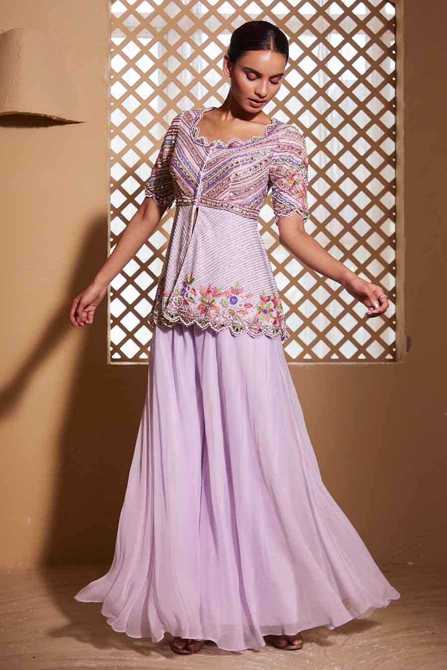 Lilac Ishtar Embroidered Peplum Top & Sharara Set