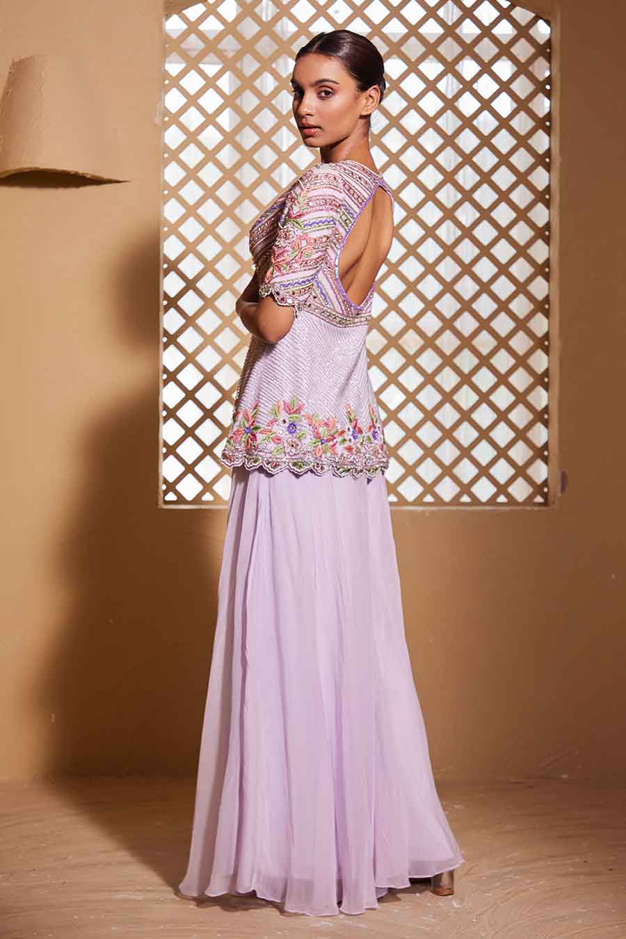 Lilac Ishtar Embroidered Peplum Top & Sharara Set