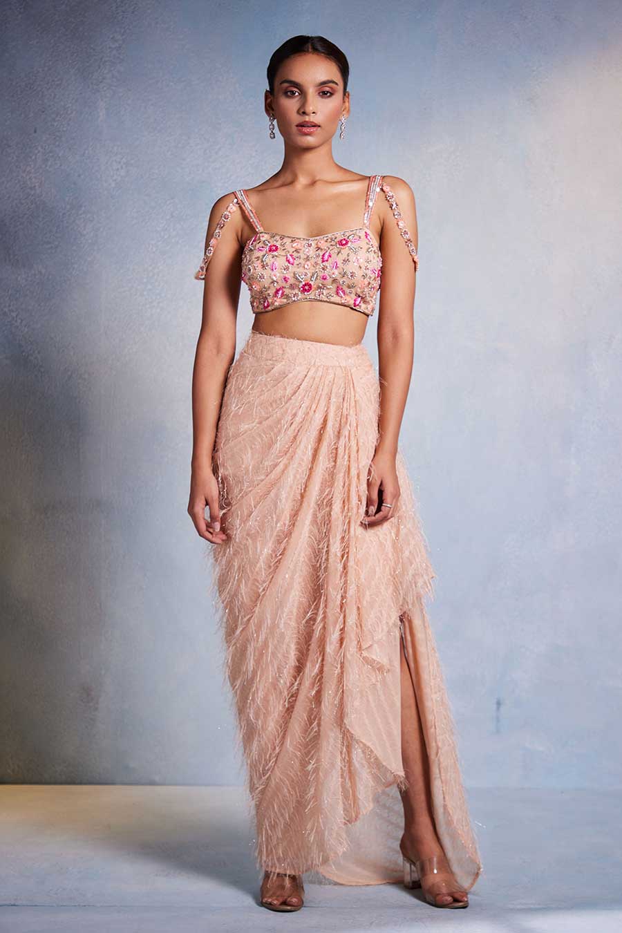 Pink Poorna Embroidered Top  & Draped Skirt Set