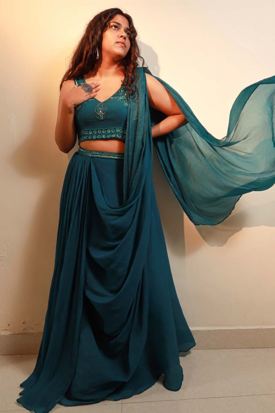 Emerald Raine Embroidered Pre-Draped Saree Set