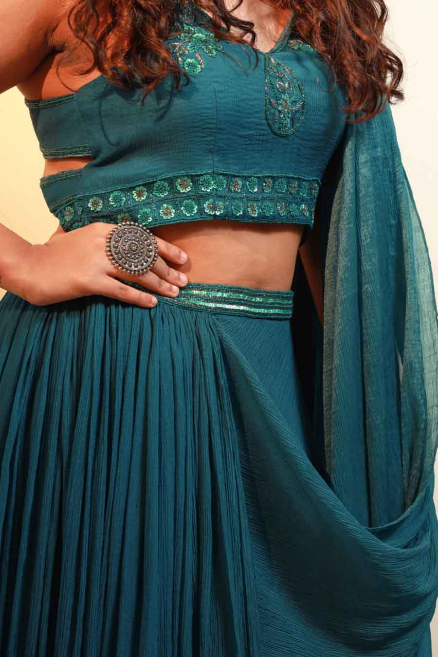 Emerald Raine Embroidered Pre-Draped Saree Set