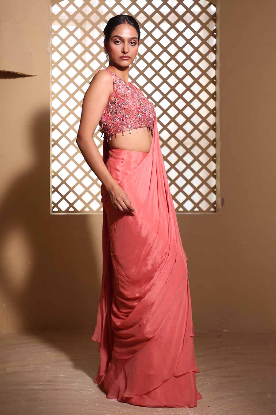 Pink Ridah Embroidered Pre-Draped Saree Set