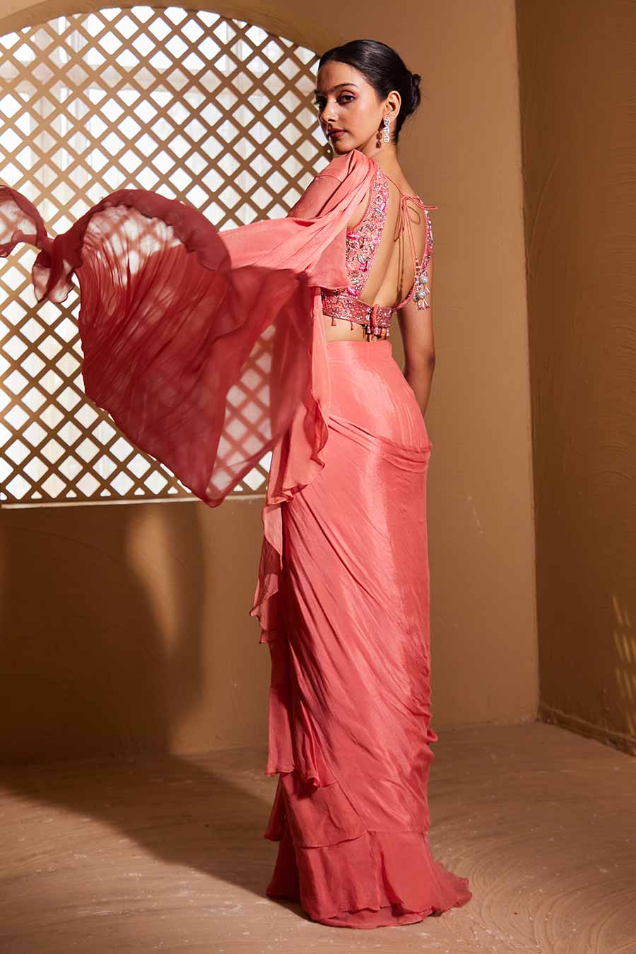 Pink Ridah Embroidered Pre-Draped Saree Set