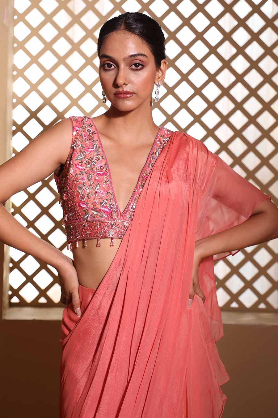 Pink Ridah Embroidered Pre-Draped Saree Set