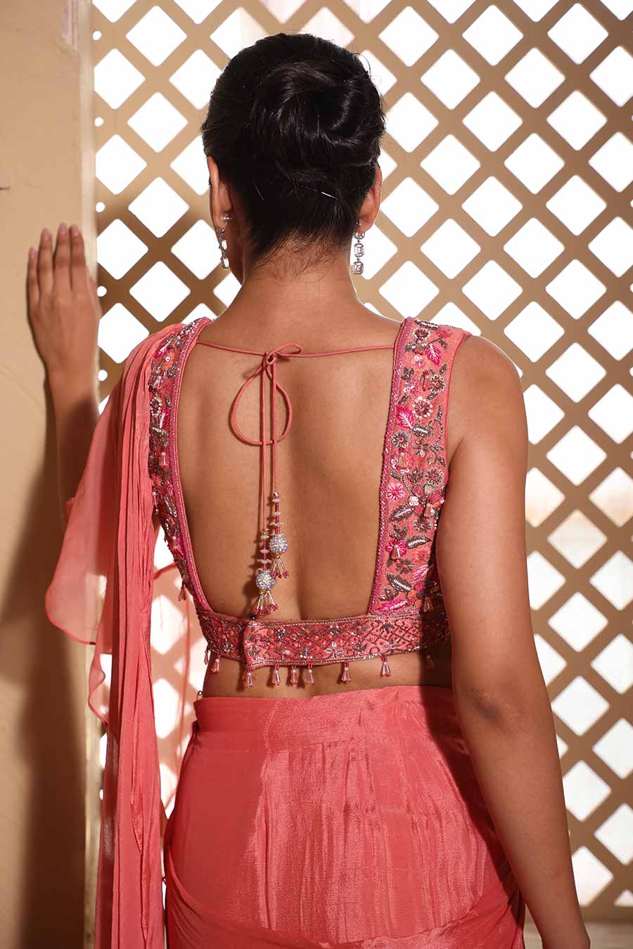 Pink Ridah Embroidered Pre-Draped Saree Set