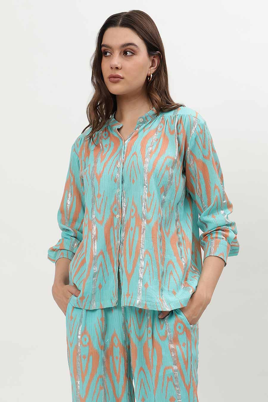 Light Blue Lurex Ikat Printed Shirt