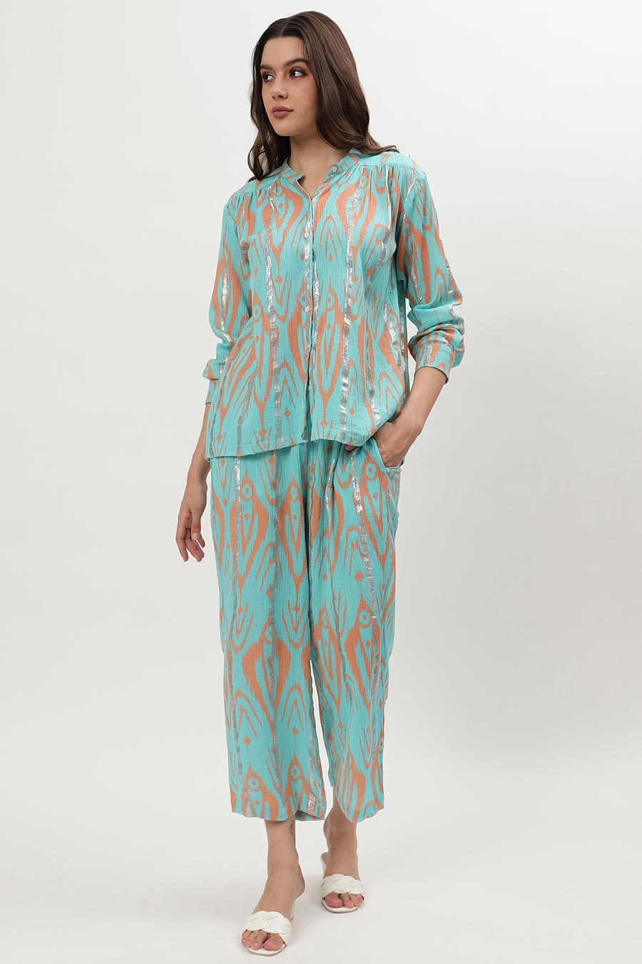 Light Blue Lurex Ikat Printed Shirt