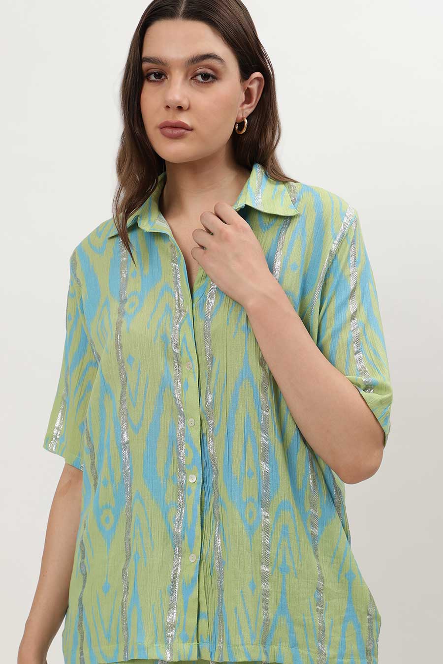 Light Green Lurex Ikat Printed Shirt